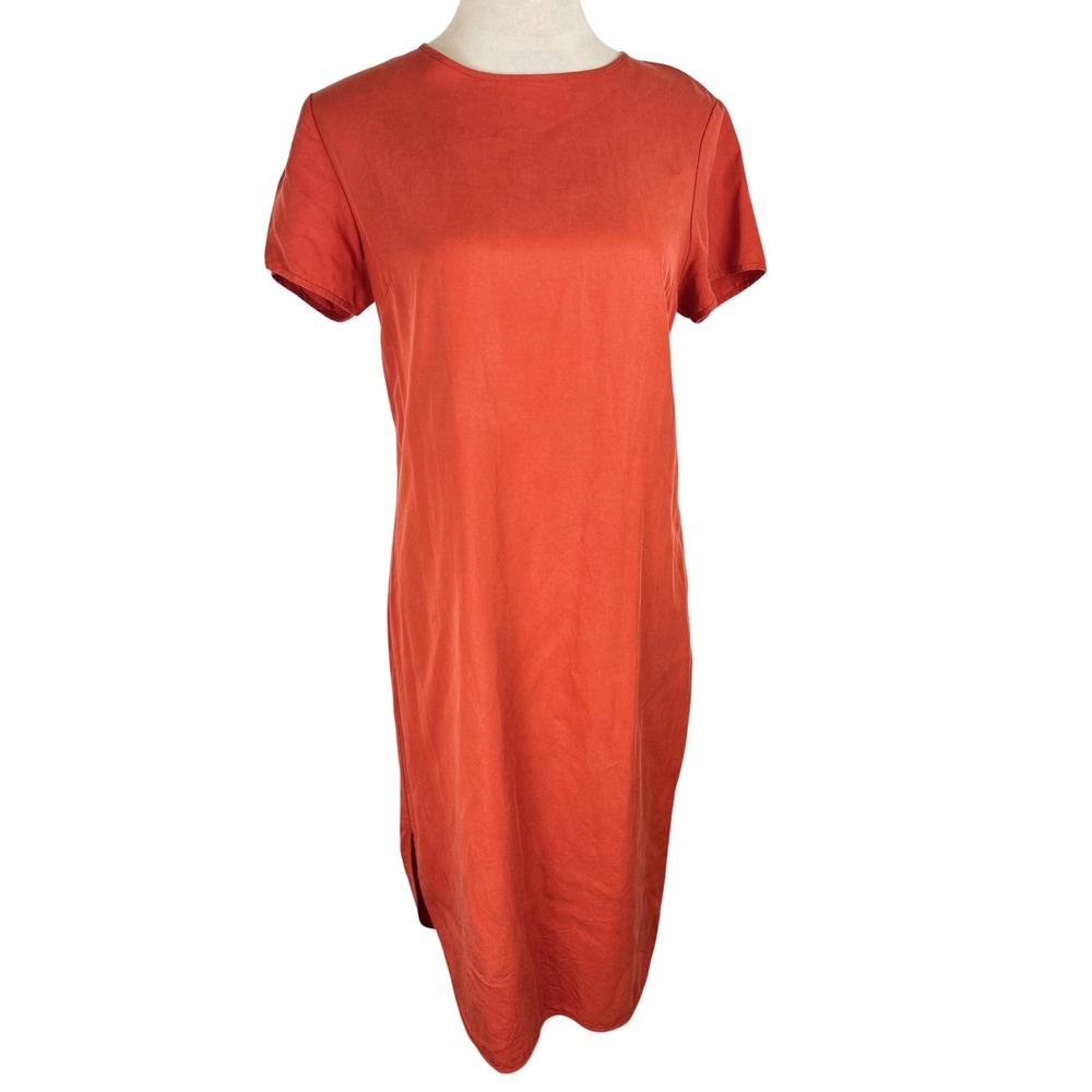 Uniqlo Women's Burnt Orange Lyocell Rust Short Sleeve Shift Dress Size Small